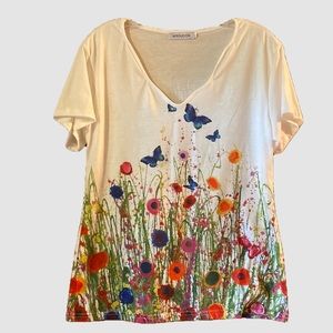 Misslook Large White T-Shirt with Artistic Multi-Colored Butterfly Floral Print